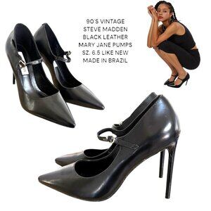 VINTAGE 90'S STEVE MADDEN BLACK LEATHER MARY JANE HEELS PUMPS SIZE 6.5 LIKE NEW